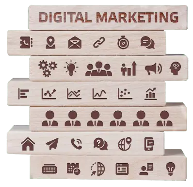 Luxe Drive Digital Marketing America's Top Marketing Agency Jenga blocks with various digital marketing icons, including email, SEO, analytics, social media, and communication tools, stacked under a Luxe Drive Digital Marketing banner. Luxe Drive Digital Marketing We Drive Your Growth