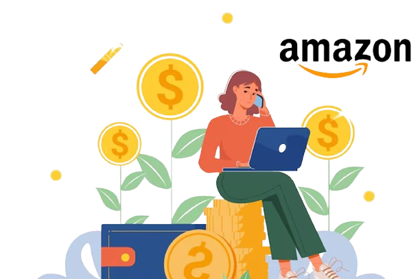 Luxe Drive Digital Marketing America's Top Marketing Agency Illustration of a person sitting on a stack of coins, using a laptop, surrounded by dollar symbols and plants, with an Amazon logo in the upper right corner—a Luxe Drive Digital Marketing concept. Luxe Drive Digital Marketing We Drive Your Growth