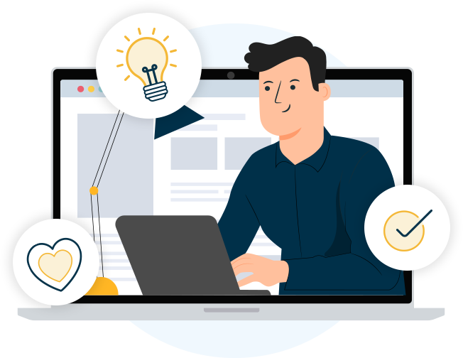 Luxe Drive Digital Marketing America's Top Marketing Agency Illustration of a person using a laptop with icons of a lightbulb, heart, and checkmark around them, symbolizing ideas, love, and approval, encapsulating the essence of Luxe Drive Digital Marketing. Luxe Drive Digital Marketing We Drive Your Growth