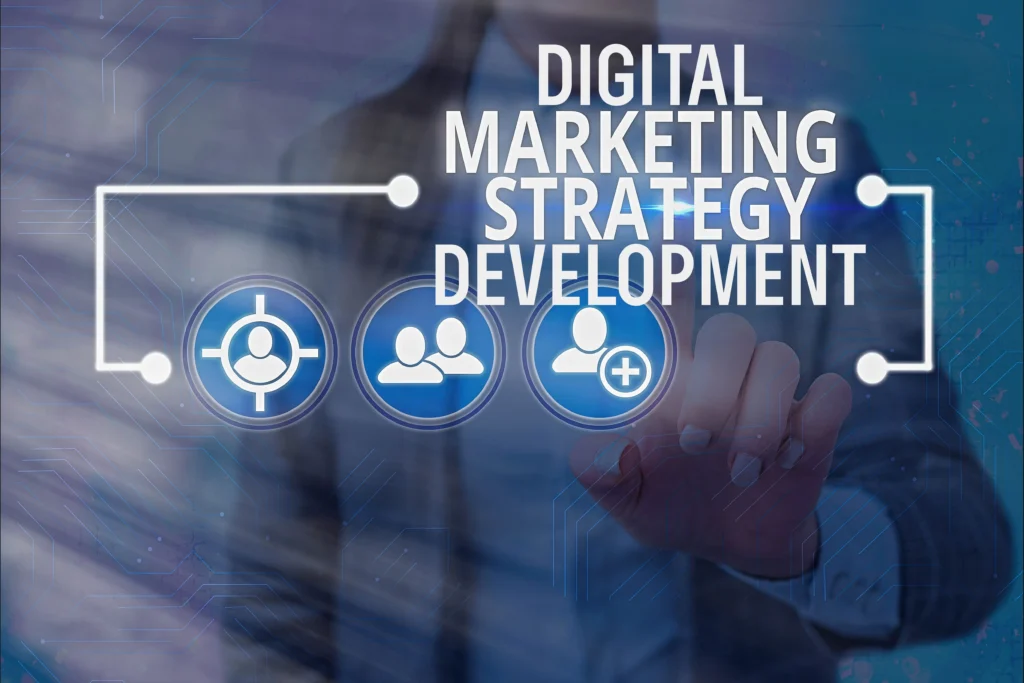 Luxe Drive Digital Marketing America's Top Marketing Agency A person in a business suit interacts with a virtual interface displaying the text "Digital Marketing Strategy Development" and icons representing targeting, customer relationships, and growth. Luxe Drive Digital Marketing We Drive Your Growth