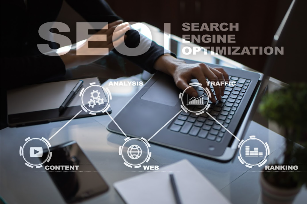 Luxe Drive Digital Marketing America's Top Marketing Agency Person working on a laptop with SEO-related terms such as "Content," "Web," "Traffic," "Analysis," and "Ranking" displayed prominently. Luxe Drive Digital Marketing We Drive Your Growth