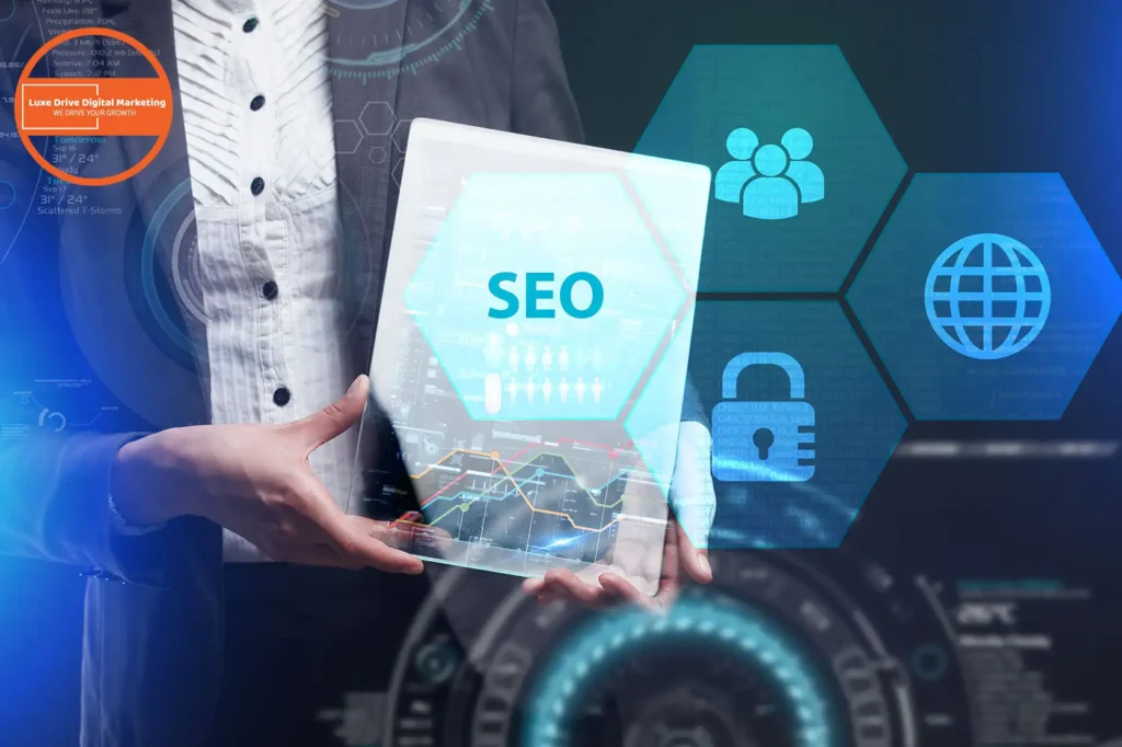 Luxe Drive Digital Marketing America's Top Marketing Agency Person holding a digital tablet displaying "SEO," surrounded by icons representing people, security, and a globe on a digital interface background. Luxe Drive Digital Marketing We Drive Your Growth