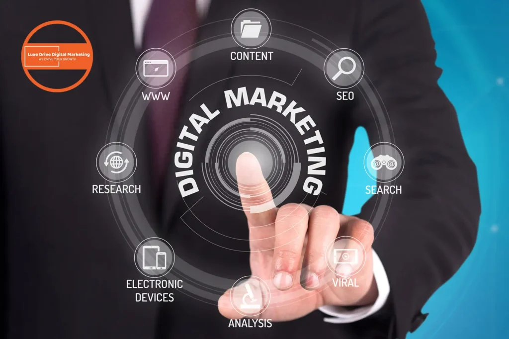 Luxe Drive Digital Marketing America's Top Marketing Agency A person in a suit interacts with a digital marketing graphic displaying terms like SEO, content, search, research, electronic devices, analysis, viral, and WWW on a blue background. Luxe Drive Digital Marketing We Drive Your Growth