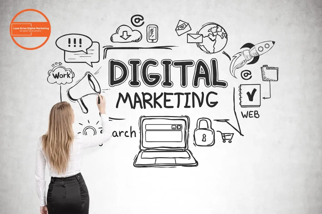 Luxe Drive Digital Marketing America's Top Marketing Agency Woman drawing a digital marketing concept on a whiteboard featuring a laptop, rocket, globe, and various icons. Luxe Drive Digital Marketing We Drive Your Growth