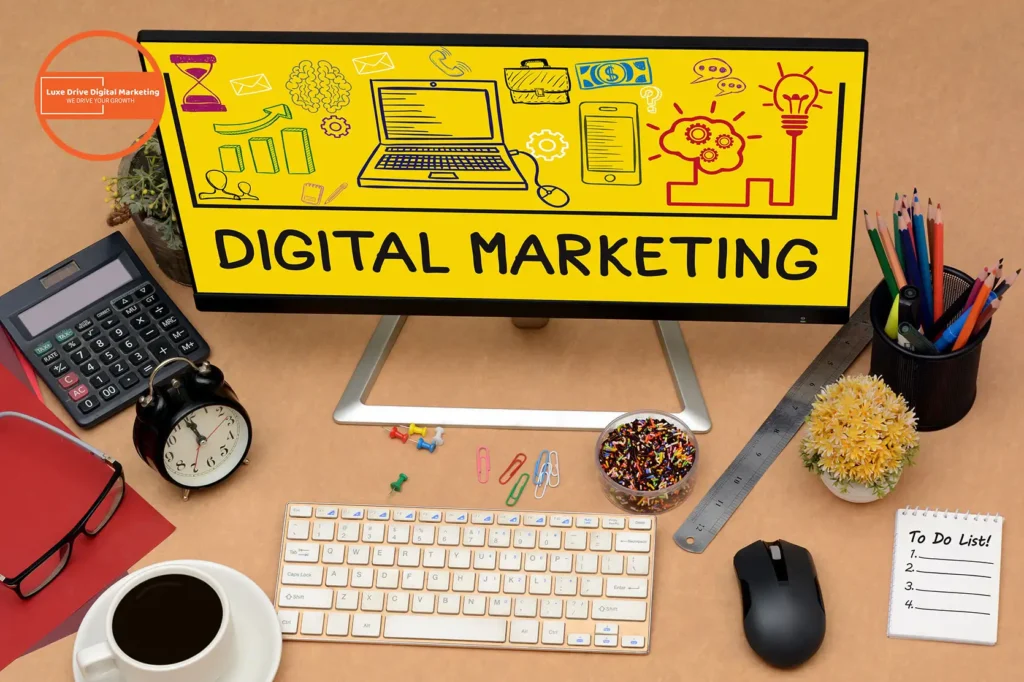Luxe Drive Digital Marketing America's Top Marketing Agency A computer screen displaying "Digital Marketing" with related icons. Surrounding are office items: keyboard, coffee cup, notepad, calculator, ruler, plants, and stationery on a wooden desk. Luxe Drive Digital Marketing We Drive Your Growth