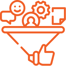 Luxe Drive Digital Marketing America's Top Marketing Agency An orange icon displays a funnel with symbols for comments, smiley face, gear, document, and thumbs up, hinting at a digital marketing service process involving engagement, feedback, and approval. Luxe Drive Digital Marketing We Drive Your Growth