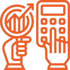 Luxe Drive Digital Marketing America's Top Marketing Agency Illustration of a hand holding a magnifying glass with an upward graph, symbolizing growth in digital marketing services, while another hand presses buttons on a calculator. Both elements are in orange outline. Luxe Drive Digital Marketing We Drive Your Growth