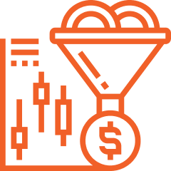 Luxe Drive Digital Marketing America's Top Marketing Agency Icon of a funnel with coins converting into a dollar symbol beside a stock chart with candlesticks, suggesting financial investment or conversion. This imagery often relates to digital marketing services in the USA, highlighting how strategic investments can drive measurable growth. Luxe Drive Digital Marketing We Drive Your Growth