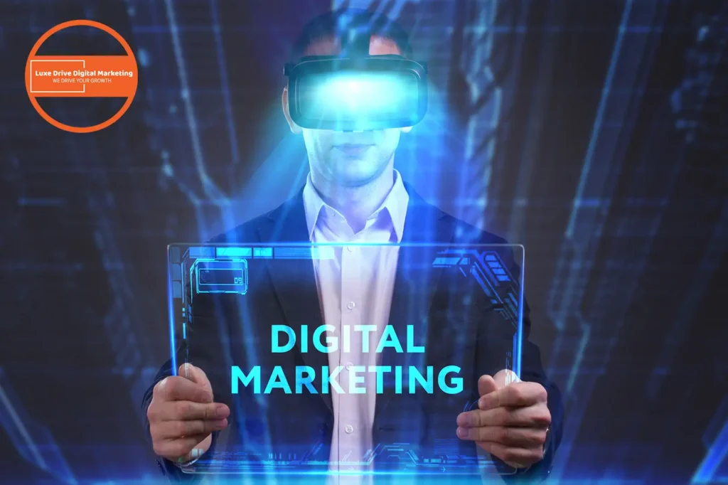 Luxe Drive Digital Marketing America's Top Marketing Agency A person in a suit wears a VR headset and holds a glowing digital tablet displaying "Digital Marketing. Luxe Drive Digital Marketing We Drive Your Growth