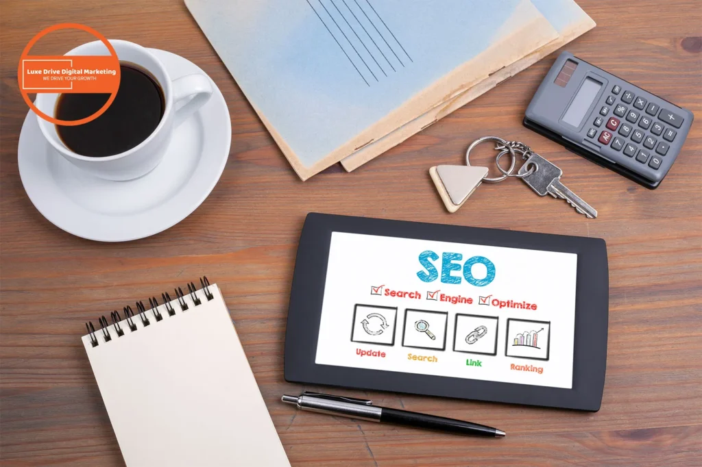 Luxe Drive Digital Marketing America's Top Marketing Agency A desk with a cup of coffee, notebook, pen, calculator, keys, envelopes, and a tablet displaying SEO concepts: update, search, link, ranking. Luxe Drive Digital Marketing We Drive Your Growth
