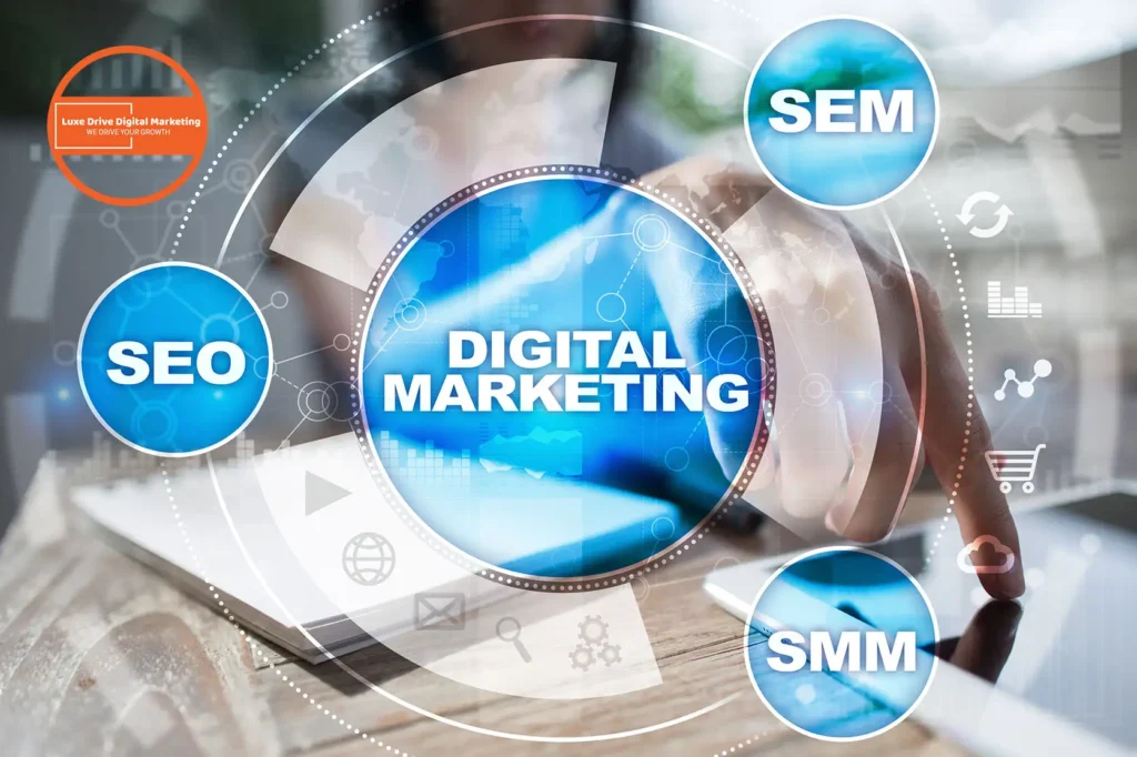 Luxe Drive Digital Marketing America's Top Marketing Agency Digital marketing concept with circular graphic, including terms like SEO, SEM, and SMM, overlaid on an image of a person using a tablet. Luxe Drive Digital Marketing We Drive Your Growth
