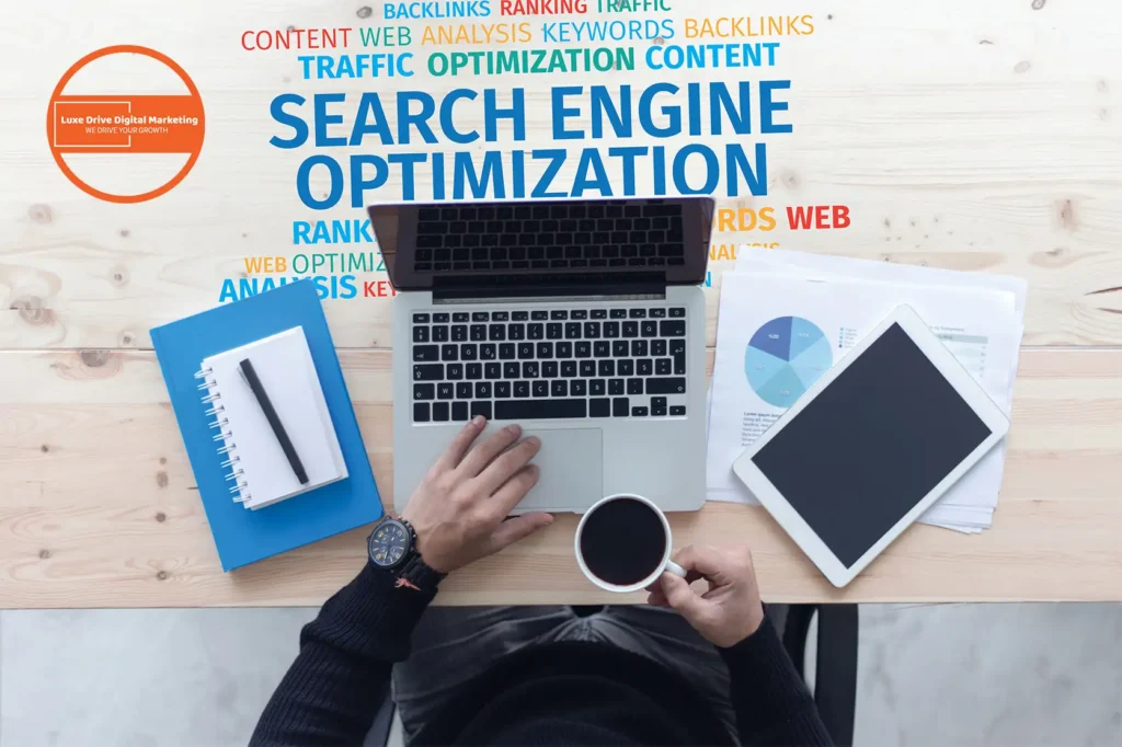 Luxe Drive Digital Marketing America's Top Marketing Agency A person works on a laptop at a desk with a notebook, tablet, and coffee cup, surrounded by digital marketing keywords like "search engine optimization" and "analysis. Luxe Drive Digital Marketing We Drive Your Growth