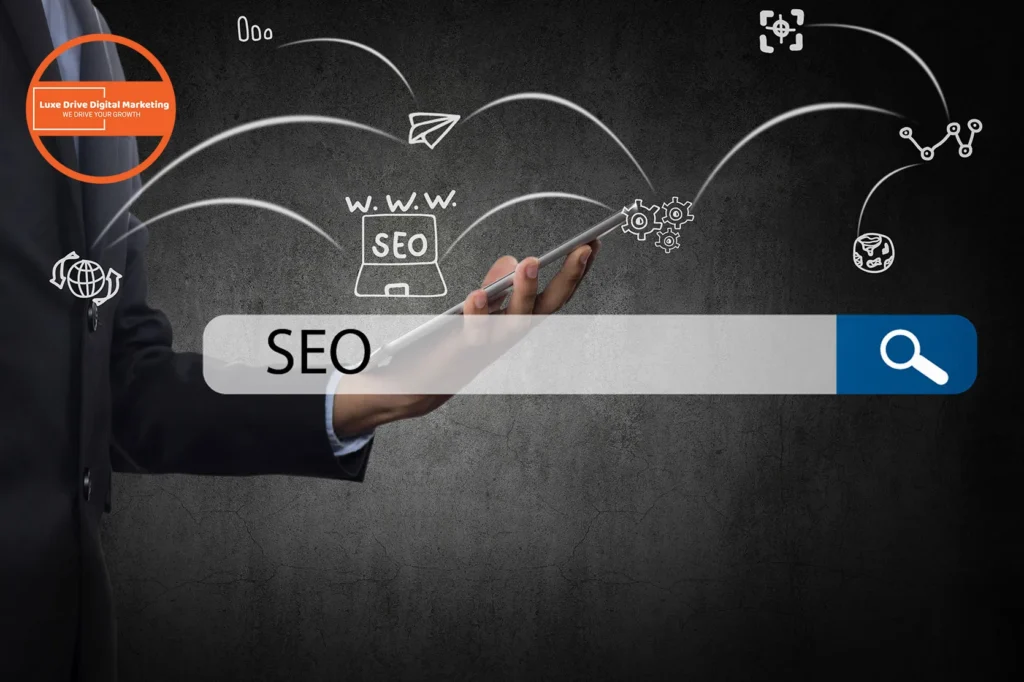 Luxe Drive Digital Marketing America's Top Marketing Agency A hand holds a tablet displaying "SEO" with digital icons and search bar over a dark background. Luxe Drive Digital Marketing We Drive Your Growth