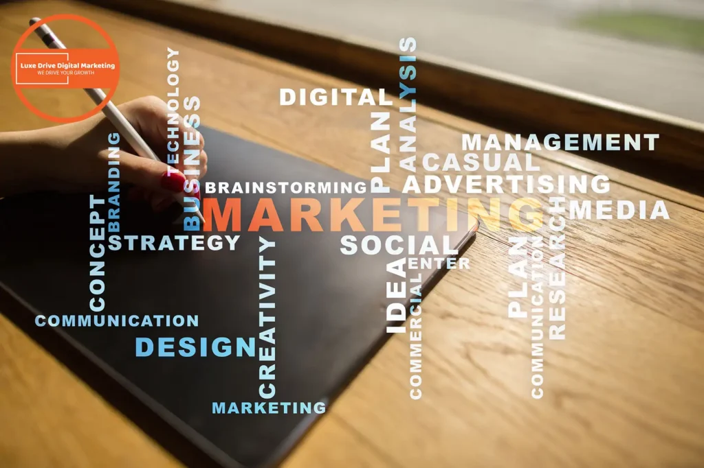 Luxe Drive Digital Marketing America's Top Marketing Agency A person works on a tablet surrounded by marketing-related words like "strategy," "social," "advertising," and "media" on a wooden desk. Luxe Drive Digital Marketing We Drive Your Growth