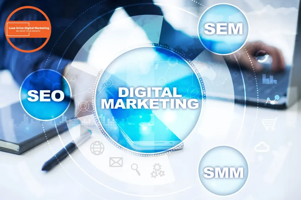 Luxe Drive Digital Marketing America's Top Marketing Agency Digital marketing graphic with terms SEO, SEM, and SMM surrounding a central glowing circle. A person is typing on a laptop in the background. Luxe Drive Digital Marketing We Drive Your Growth