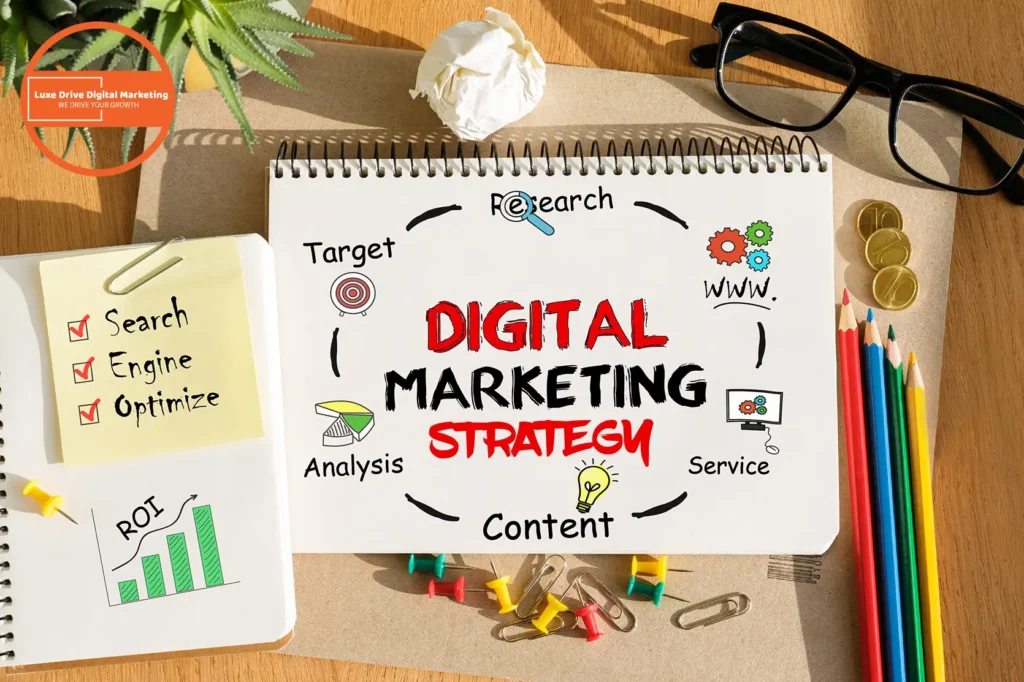 Luxe Drive Digital Marketing America's Top Marketing Agency A desk with a notepad titled "Digital Marketing Strategy" surrounded by terms like target, content, and research. Nearby are sticky notes saying "Search Engine Optimize" and "ROI. Luxe Drive Digital Marketing We Drive Your Growth