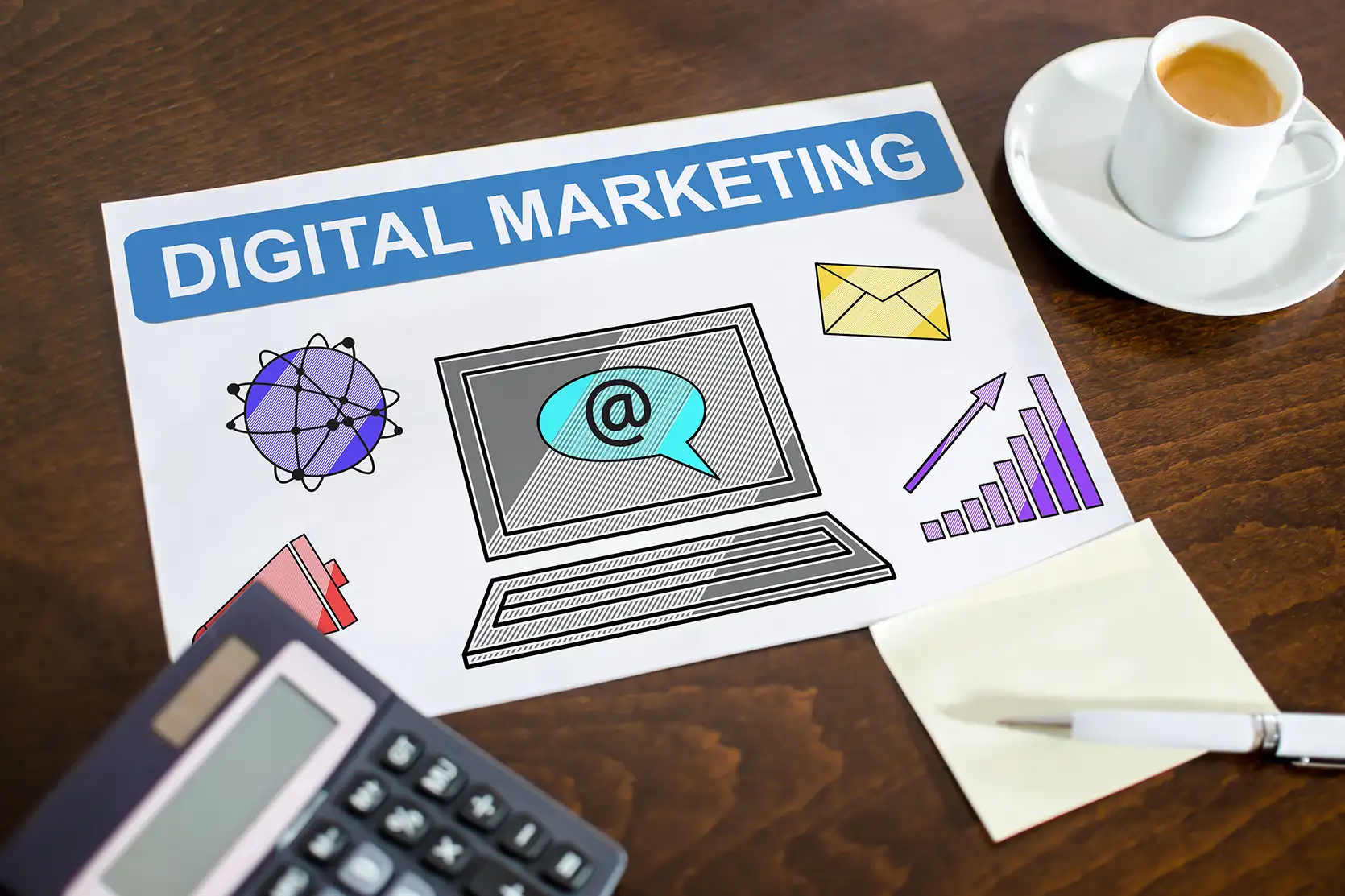 Luxe Drive Digital Marketing America's Top Marketing Agency A table with a digital marketing document showing a computer, envelope, chart, and globe icons. Nearby are a calculator, sticky notes, and a cup of coffee. Luxe Drive Digital Marketing We Drive Your Growth