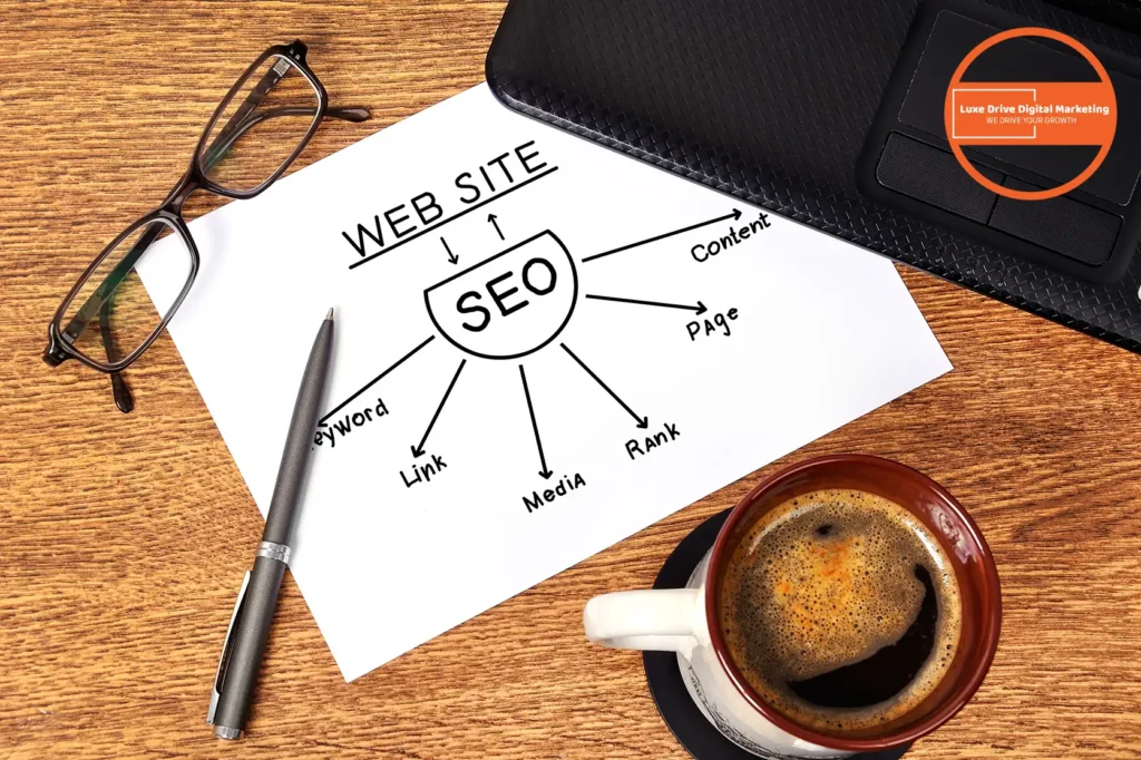 Luxe Drive Digital Marketing America's Top Marketing Agency Paper titled "Web Site SEO" with mind map; keywords: Content, Page, Rank, Media, Link, Keyword. Nearby: glasses, pen, coffee cup, and laptop on a wooden table. Luxe Drive Digital Marketing We Drive Your Growth