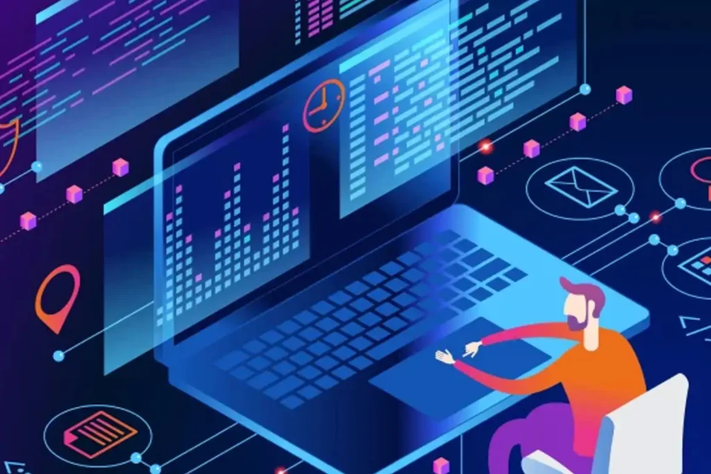 Luxe Drive Digital Marketing America's Top Marketing Agency Illustration of a person at a laptop with digital charts, code, and clock on the screen, surrounded by technology-themed graphics and symbols. Luxe Drive Digital Marketing We Drive Your Growth
