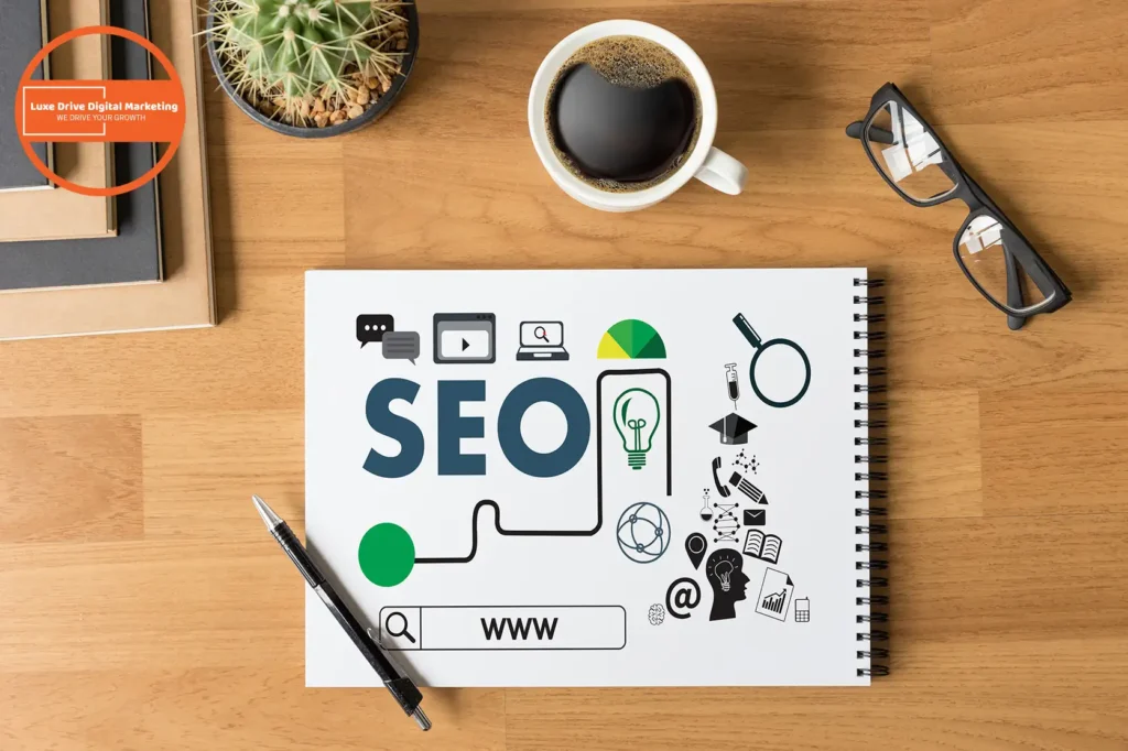 Luxe Drive Digital Marketing America's Top Marketing Agency A desk with a notebook displaying SEO graphics, a pen, coffee cup, potted cactus, glasses, and an orange sticker in the corner. Luxe Drive Digital Marketing We Drive Your Growth