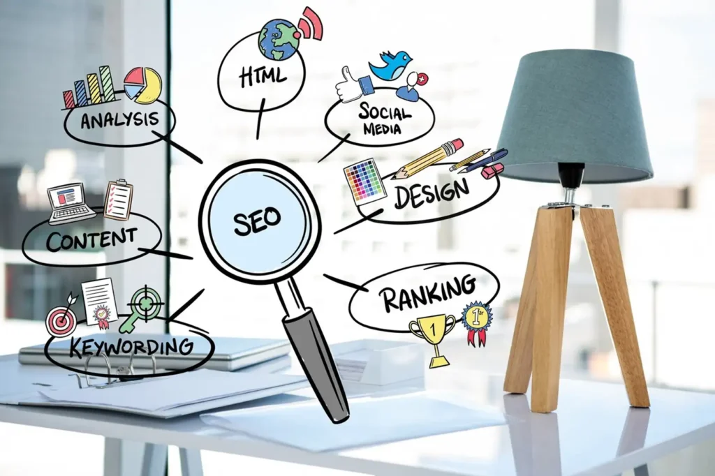 Luxe Drive Digital Marketing America's Top Marketing Agency Diagram illustrating SEO with keywords, analysis, content, HTML, social media, design, and ranking, next to a lamp on a desk. Luxe Drive Digital Marketing We Drive Your Growth