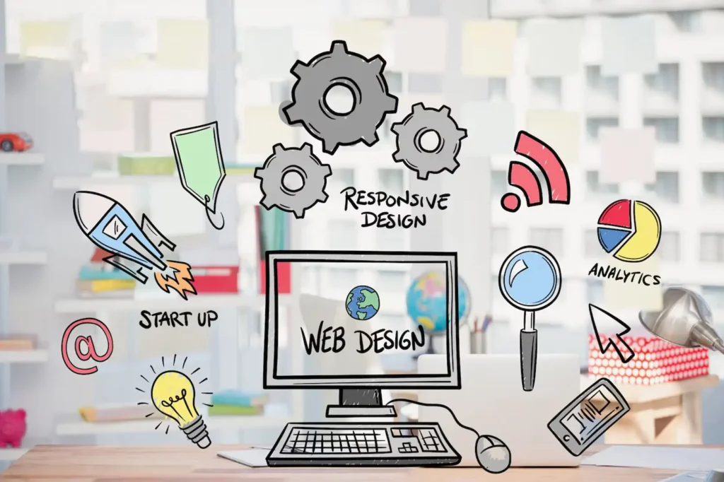 Luxe Drive Digital Marketing America's Top Marketing Agency Illustration of a web design concept with various icons, including gears labeled "Responsive Design," a computer, a magnifying glass, charts, and symbols for analytics and startup. Luxe Drive Digital Marketing We Drive Your Growth