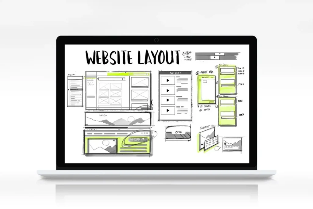 Luxe Drive Digital Marketing America's Top Marketing Agency A laptop display shows a website layout design with sketches of various interface elements, such as menus, buttons, and content sections, highlighted in green and black. Luxe Drive Digital Marketing We Drive Your Growth