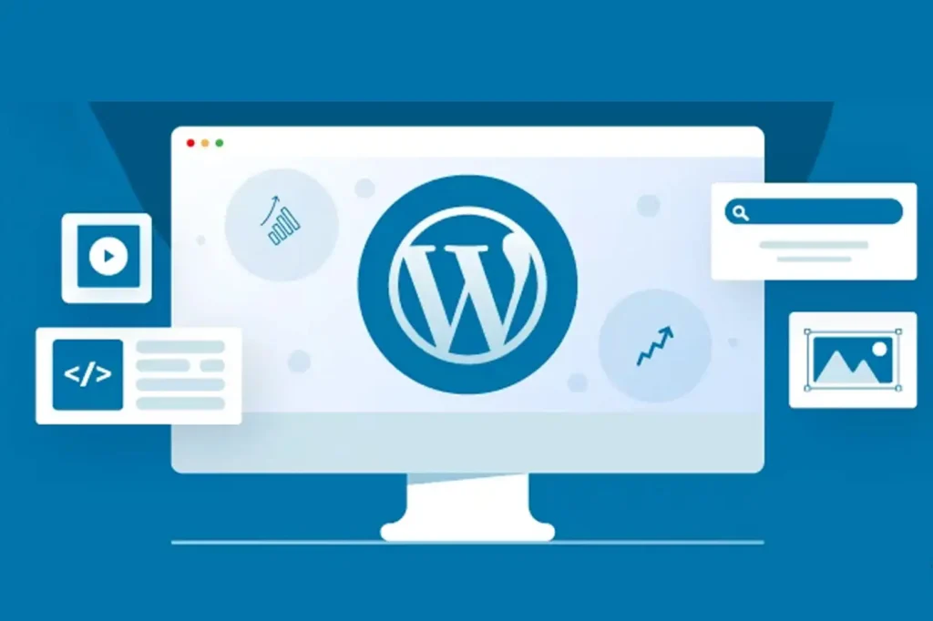 Luxe Drive Digital Marketing America's Top Marketing Agency Computer screen displaying the WordPress logo, surrounded by icons representing video, HTML coding, bar chart, magnifying glass, and image, against a blue background. Luxe Drive Digital Marketing We Drive Your Growth