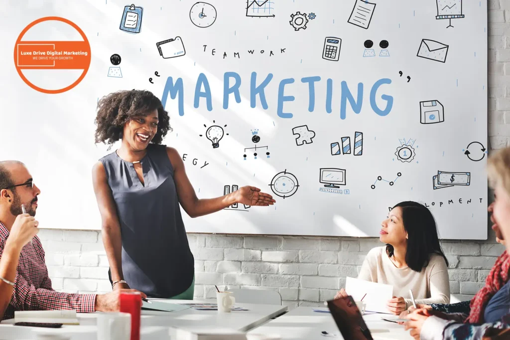 Luxe Drive Digital Marketing America's Top Marketing Agency A woman presents to a group in a meeting room. A whiteboard in the background displays the word "Marketing" with various icons. A round logo is in the top left corner. Luxe Drive Digital Marketing We Drive Your Growth