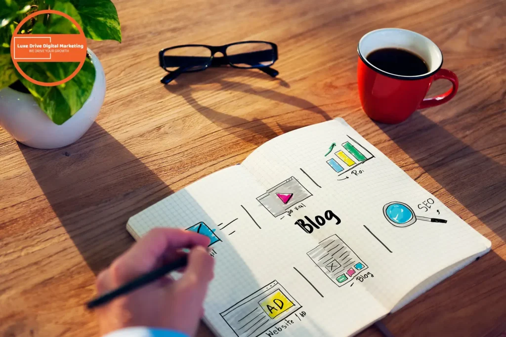 Luxe Drive Digital Marketing America's Top Marketing Agency A hand drawing a blog planning diagram on a notebook at a wooden table, with glasses, a potted plant, and a red coffee cup nearby. Luxe Drive Digital Marketing We Drive Your Growth
