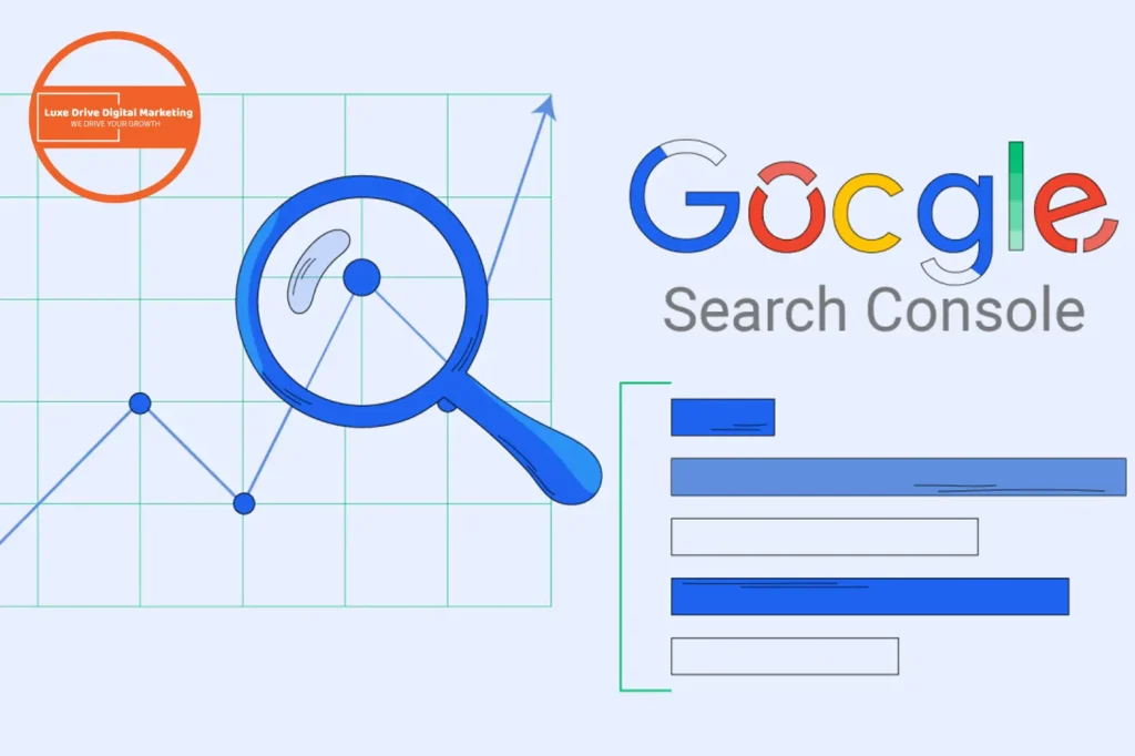 Luxe Drive Digital Marketing America's Top Marketing Agency Illustration of Google Search Console with a magnifying glass over a graph, showing data trends. Logo in the corner says "Luxe Drive Digital Marketing. Luxe Drive Digital Marketing We Drive Your Growth