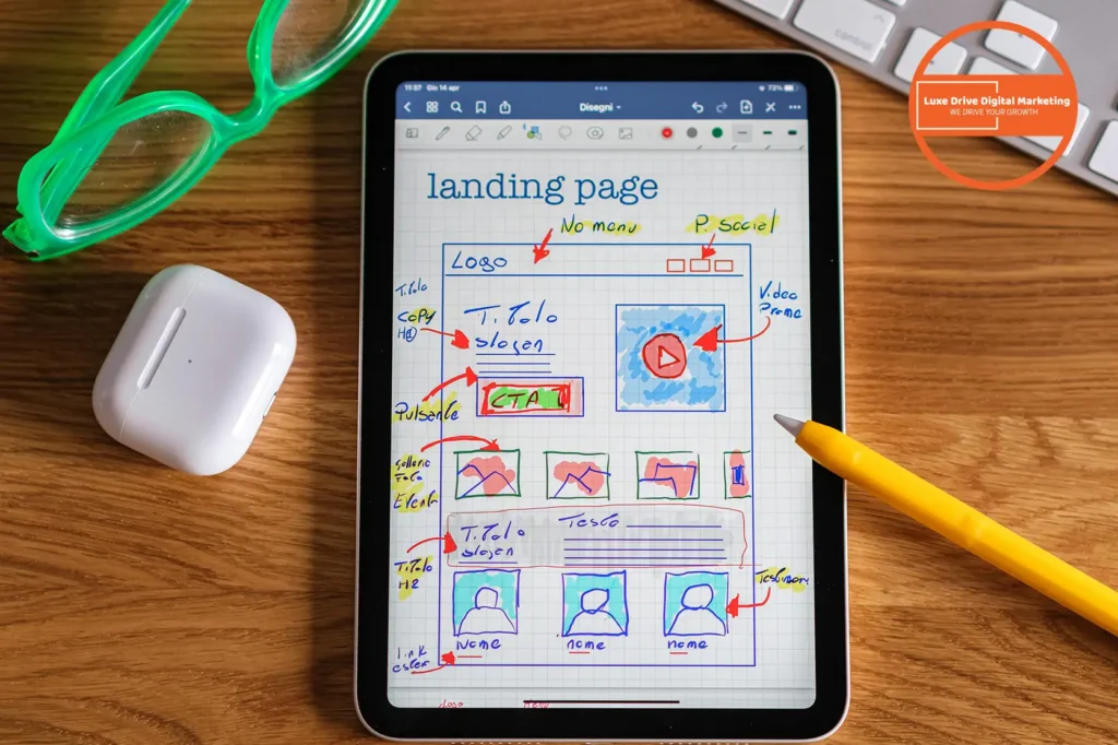 Luxe Drive Digital Marketing America's Top Marketing Agency Tablet displaying a landing page wireframe with handwritten notes, a yellow pen, green glasses, and white earbuds on a wooden surface. Luxe Drive Digital Marketing We Drive Your Growth