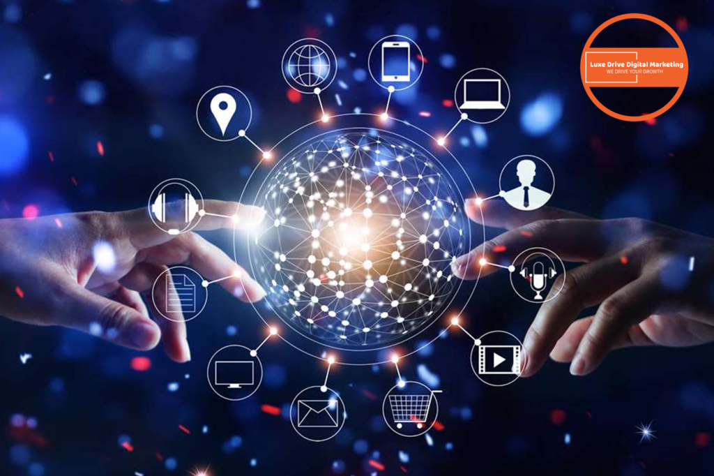 Luxe Drive Digital Marketing America's Top Marketing Agency Two hands reaching towards a glowing globe with digital icons representing various technologies and social media platforms. Red and blue lights in the background. Luxe Drive Digital Marketing We Drive Your Growth