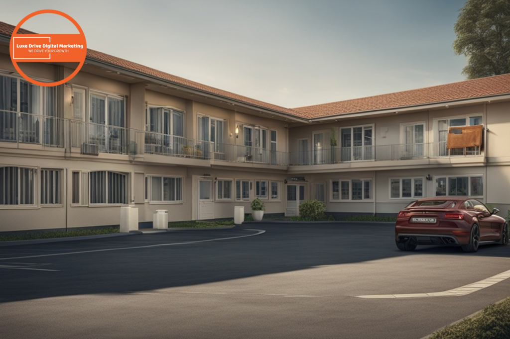 Luxe Drive Digital Marketing America's Top Marketing Agency A modern two-story building with a parking lot and a red sports car. There's a prominent orange sign for Luxe Drive Digital Marketing on the upper floor. Luxe Drive Digital Marketing We Drive Your Growth