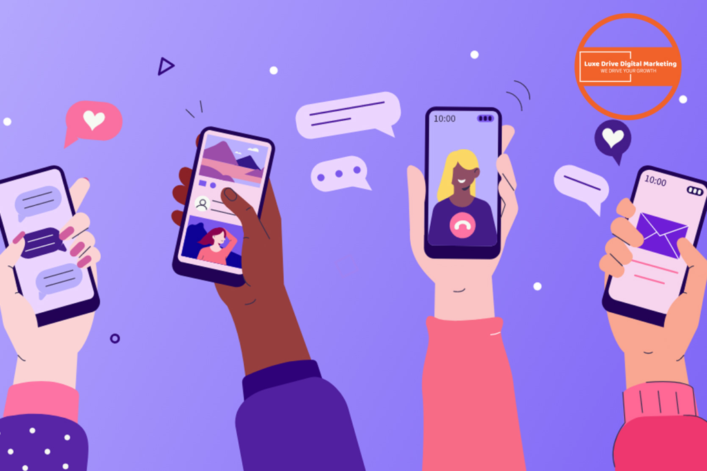 Luxe Drive Digital Marketing America's Top Marketing Agency Illustration of diverse hands holding smartphones displaying various apps on a purple background. Luxe Drive Digital Marketing We Drive Your Growth
