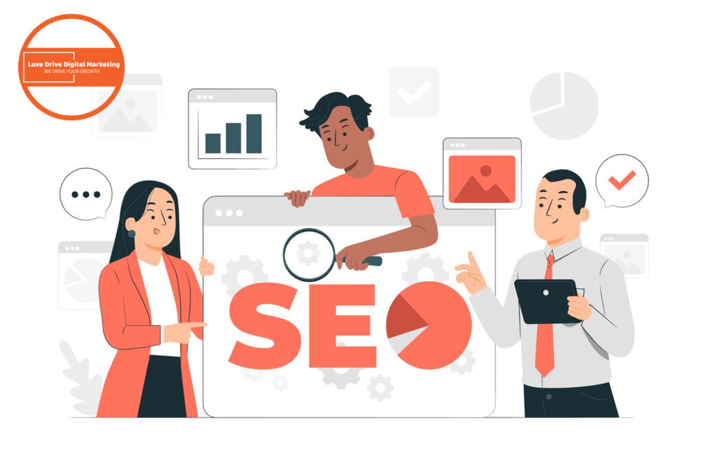 Luxe Drive Digital Marketing America's Top Marketing Agency Illustration of three people discussing SEO strategies with graphs and charts, holding a tablet, a magnifying glass, and pointing at the large text "SEO" in the center. Luxe Drive Digital Marketing We Drive Your Growth