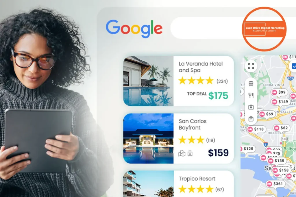 Luxe Drive Digital Marketing America's Top Marketing Agency A woman uses a tablet with a Google search for hotels displayed beside her. The search results show hotel options, prices, and ratings on a map. Luxe Drive Digital Marketing We Drive Your Growth
