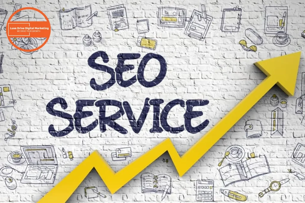 Luxe Drive Digital Marketing America's Top Marketing Agency Image of the words "SEO Service" on a white brick wall, with a yellow upward arrow and doodles of digital marketing icons in the background. Luxe Drive Digital Marketing We Drive Your Growth