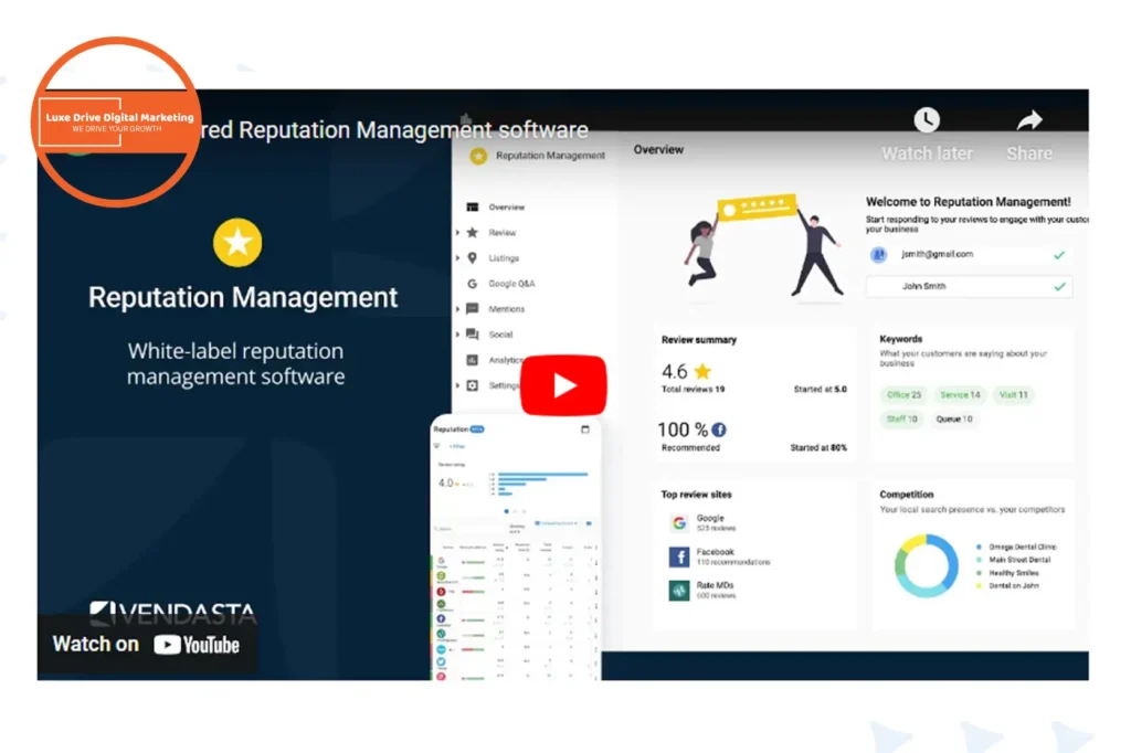 Luxe Drive Digital Marketing America's Top Marketing Agency Screenshot of a YouTube video titled "Reputation Management." Features a software dashboard with ratings, trends, and charts. The Lux Drive Digital Marketing logo is in the top left corner. Luxe Drive Digital Marketing We Drive Your Growth