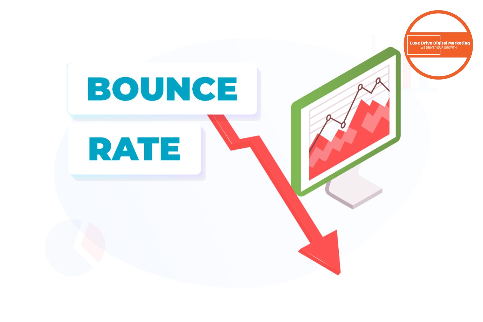 Luxe Drive Digital Marketing America&#039;s Top Marketing Agency A red downward arrow points from text reading &quot;Bounce Rate&quot; to a computer monitor displaying a declining line graph. Luxe Drive Digital Marketing We Drive Your Growth