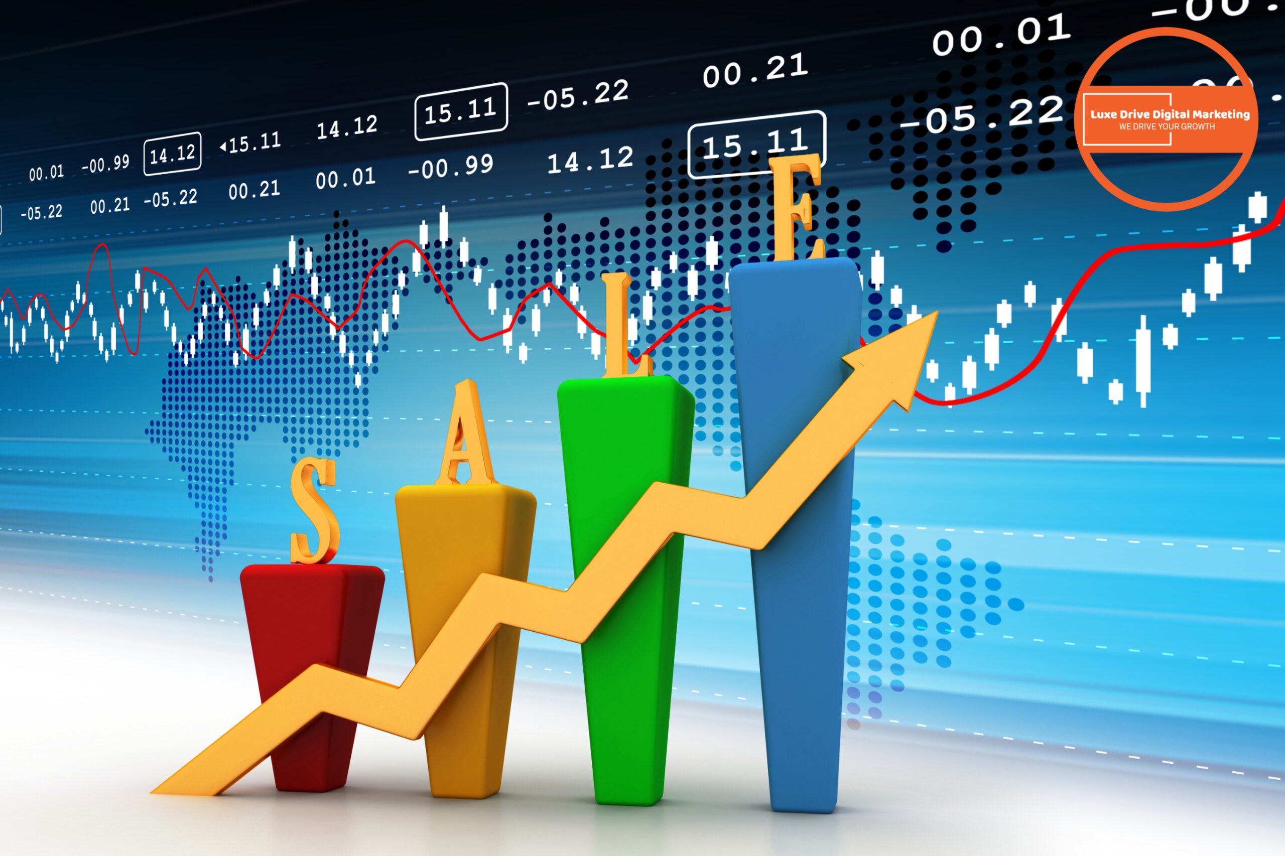 Luxe Drive Digital Marketing America&#039;s Top Marketing Agency Four colorful blocks with letters spelling &quot;SALE&quot; stand in front of an upward-trending graph, world map, and digital financial data, suggesting increasing sales or business growth. Luxe Drive Digital Marketing We Drive Your Growth