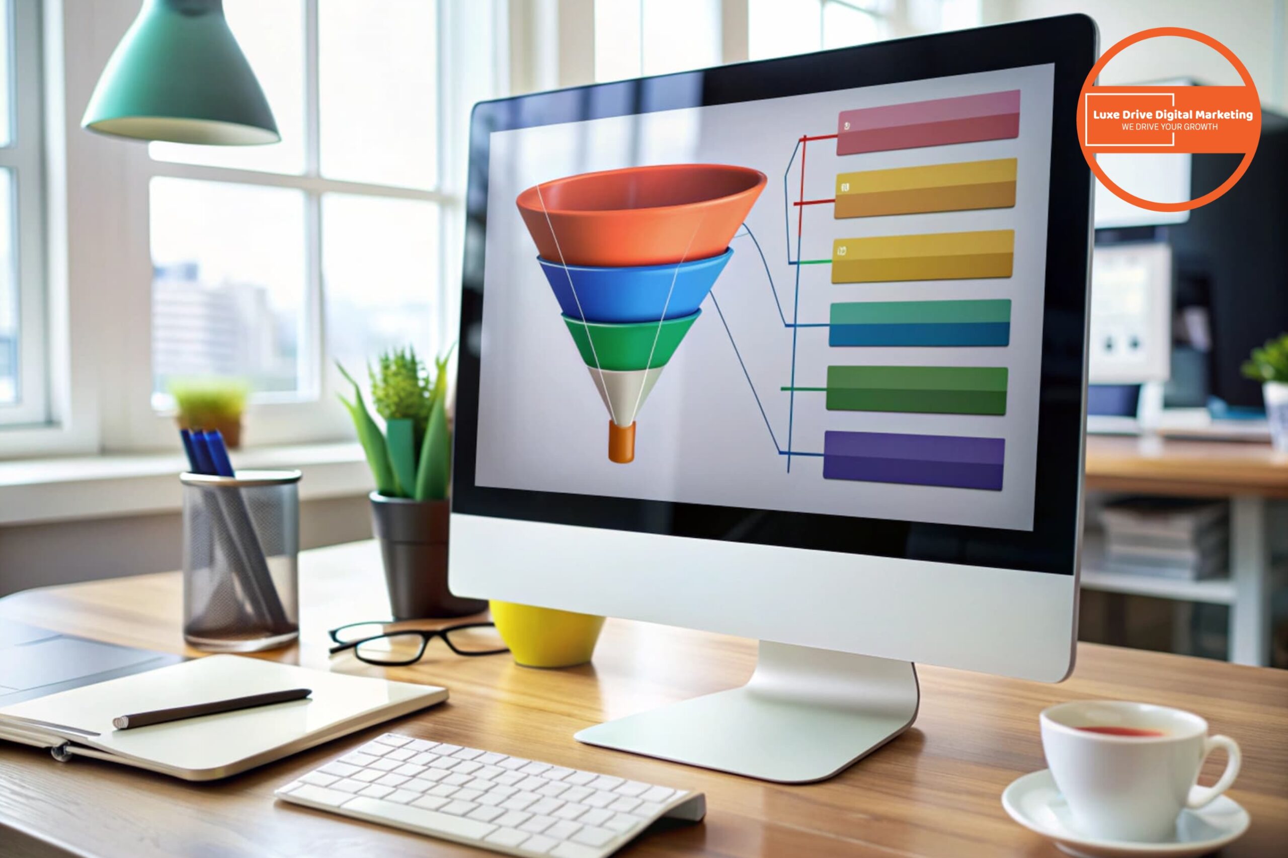 Luxe Drive Digital Marketing America&#039;s Top Marketing Agency A computer monitor displays a colorful sales funnel diagram in an office setting; desk items, a coffee cup, and company branding are also visible. Luxe Drive Digital Marketing We Drive Your Growth