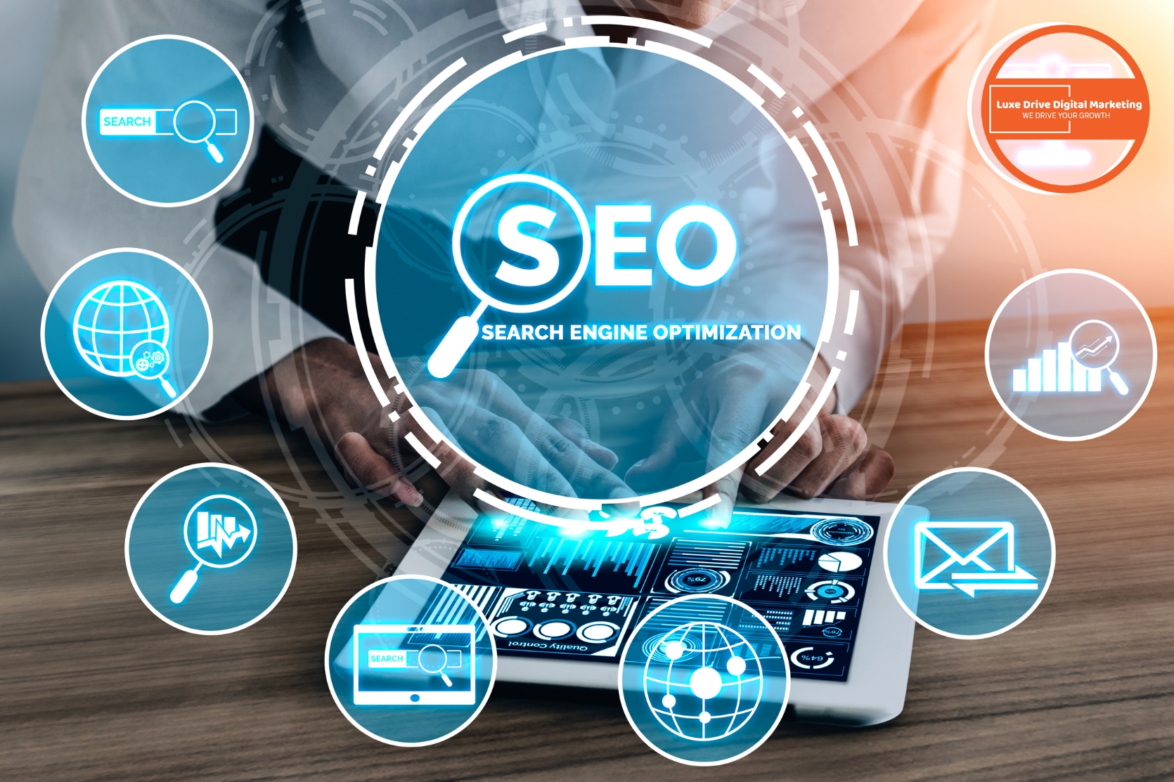 Luxe Drive Digital Marketing America&#039;s Top Marketing Agency Person using a tablet with a digital overlay of SEO icons and graphs, representing search engine optimization and digital marketing concepts. Luxe Drive Digital Marketing We Drive Your Growth