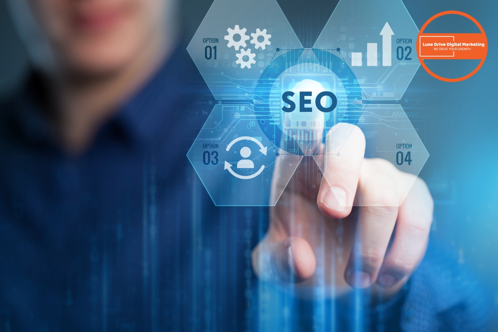 Luxe Drive Digital Marketing America&#039;s Top Marketing Agency A person presses a virtual button labeled &quot;SEO&quot; on a digital touchscreen, with icons representing data, graphs, and marketing options in the background. Luxe Drive Digital Marketing We Drive Your Growth