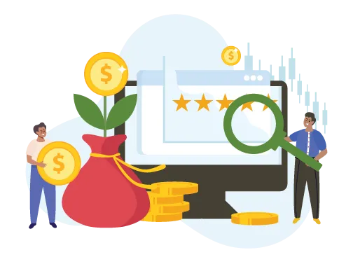 Luxe Drive Digital Marketing America's Top Marketing Agency Illustration of two people with a money bag, coins, and a computer screen showing a 5-star rating, representing Luxe Drive Digital Marketing, with one person holding a magnifying glass. Luxe Drive Digital Marketing We Drive Your Growth