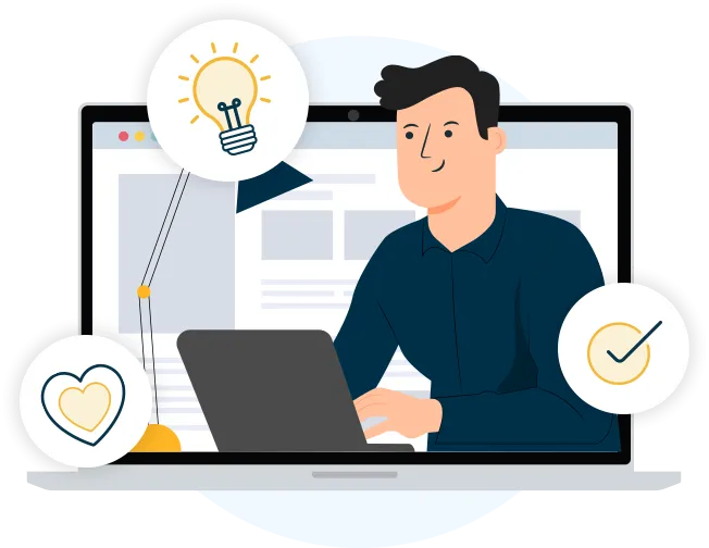 Luxe Drive Digital Marketing America's Top Marketing Agency Illustration of a person using a laptop with icons of a lightbulb, heart, and checkmark around them, symbolizing ideas, love, and approval, encapsulating the essence of Luxe Drive Digital Marketing. Luxe Drive Digital Marketing We Drive Your Growth